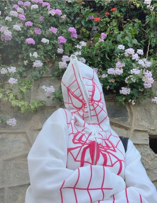 White Spiderman Zipper Hoodie Printed - LUFERS