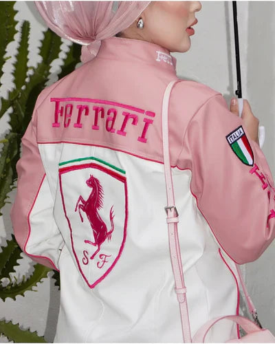Pink Ferrari Leather Jacket – Luxe Motorsport Streetwear | LUFERS® Edition