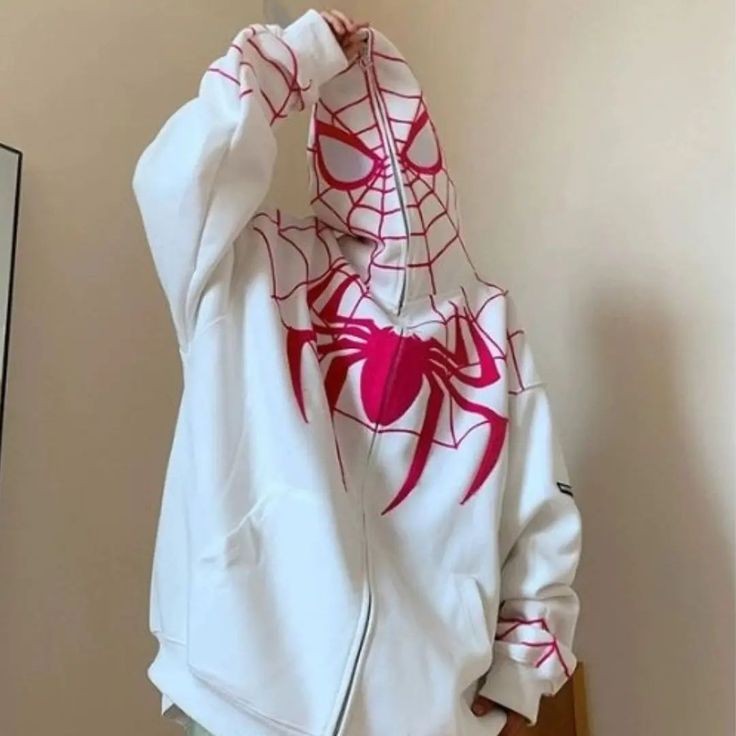 White Spiderman Zipper Hoodie Printed - LUFERS