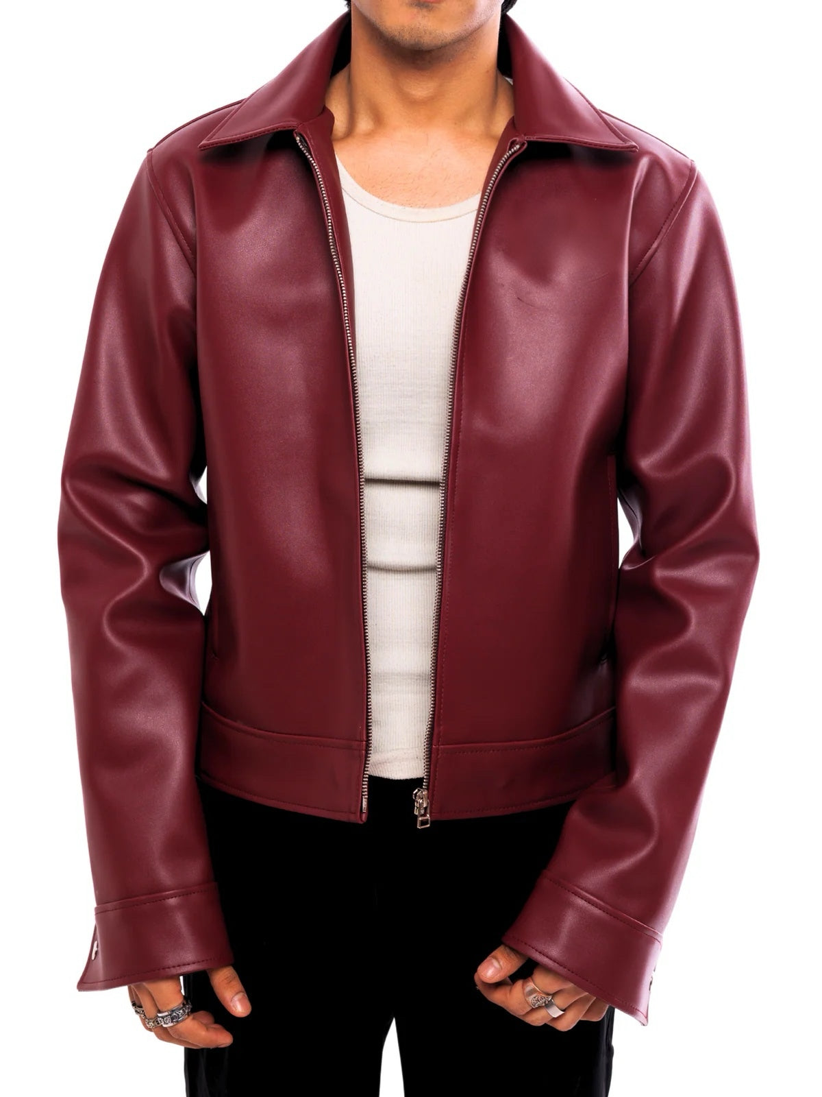 Classic Cherry Red Collar Leather Jacket – LUFERS