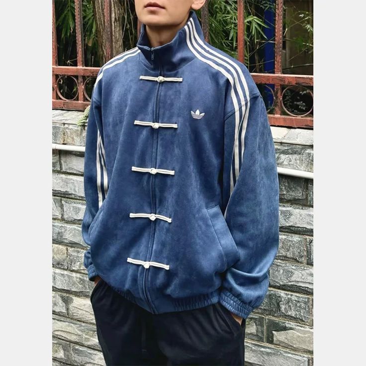 CNY-Inspired Premium Navy Blue Suede Streetwear Jacket - LUFERS
