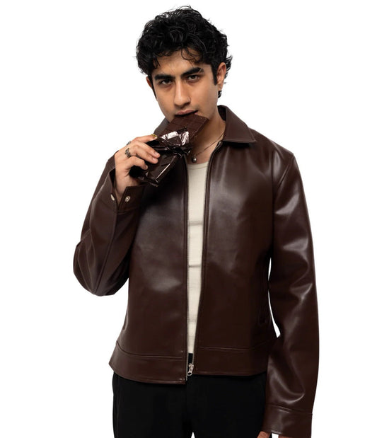 Classic Chocolate Brown Unisex Collar Leather Jacket – LUFERS