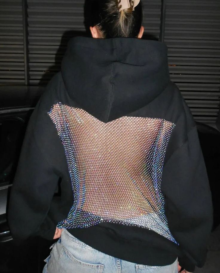 Black Rhinestone Hoodie with Back Net Sparkle - LUFERS