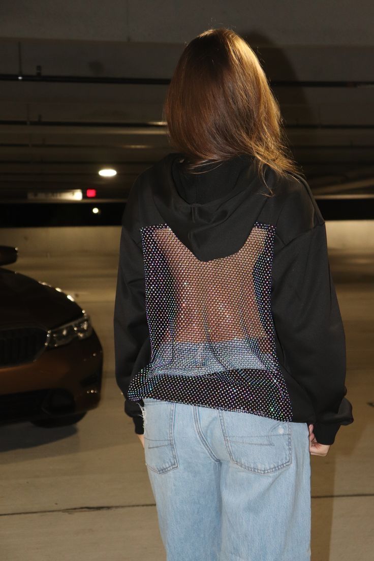 Black Rhinestone Hoodie with Back Net Sparkle - LUFERS